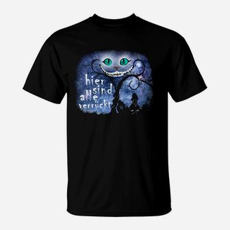 Schwarzes T-Shirt mit Grinsender Katze, Gruseliger Baum Motiv - Seseable