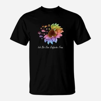 Schwarzes T-Shirt mit Ich Bin Eine Einfache Frau Blumenmotiv - Seseable
