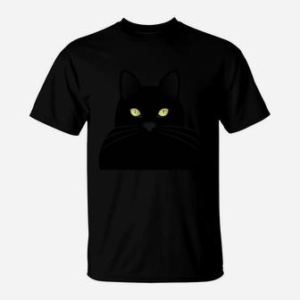 Schwarzes T-Shirt mit Katzengesicht, Leuchtende Augen Design - Seseable