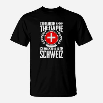 Schwarzes T-Shirt Therapie in der Schweiz mit Schweizer Kreuz - Seseable