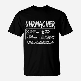 Schwarzes T-Shirt Uhrmacher-Spruch & Symbole, Lustiges Handwerker Tee - Seseable