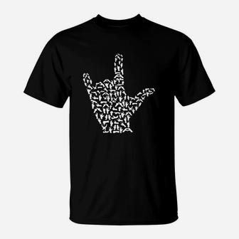 Schwarzes Unisex T-Shirt Rockmusik, Handzeichen-Grafik in Weiß - Seseable