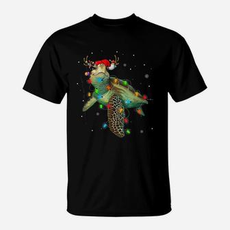 Sea Turtle Christmas Lights Funny Santa Hat Merry Christmas T-Shirt - Seseable