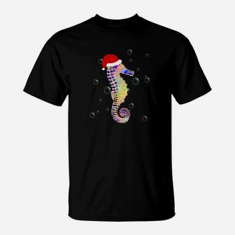 Seahorse Christmas With Santa Hat Beach Christmas T-Shirt - Seseable