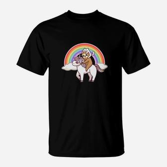 Sloth Riding Unicorn Kitty Cat Rainbow Cute Gift T-Shirt - Seseable