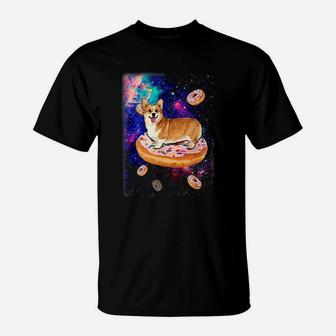 Space Corgi Riding Donuts In Galaxy Funny Corgi T-Shirt - Seseable