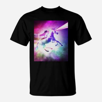 Space Pug On Flying Rainbow Unicorn With Laser Eyes T-Shirt - Seseable