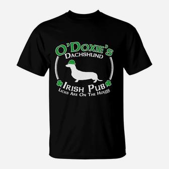 St Patricks Day Dog Dachshund Doxie Irish Pub T-Shirt - Seseable