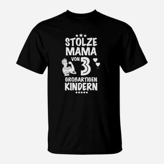 Stolzes Mama von 3 Kindern T-Shirt, Schwarzes mit Cartoon-Motiv - Seseable