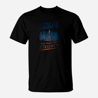 Strick-Therapie Schwarzes T-Shirt mit Wollknäuel-Grafik, Lustiger Spruch - Seseable