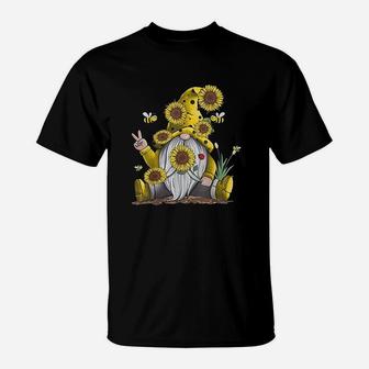 Sunflower Gnome With Bee Funny Hippie Gnome Gift T-Shirt - Seseable