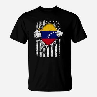Super Venezuela Hearts American Flag Venezuelan Tshirt T-Shirt - Seseable