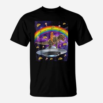 Taco Kitty Rainbow Laser Eye T Rex Riding Space Cat T-Shirt - Seseable