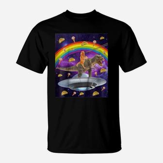 Taco Kitty Rainbow Laser Eye T-rex Riding Space Cat T-Shirt - Seseable