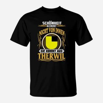 Therwil Slogan Schwarzes T-Shirt, Gelber Aufdruck - Schönheit aus Therwil - Seseable