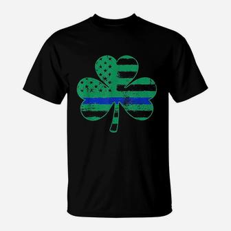Thin Blue Line Irish Shamrock St Patrick Day T-Shirt - Seseable