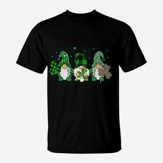 Three Gnomes Holding Shamrock Leopard Plaid St Patricks Day T-Shirt - Seseable