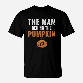 Top Mens Expecting The Man Behind The Pumpkin Halloween New Dad Shirt T-Shirt - Seseable