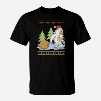 Ugly Christmas Believe Santa Bigfoot T-Shirt - Seseable
