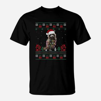 Ugly Christmas Raccoon Santa Hat Lights Xmas T-Shirt - Seseable