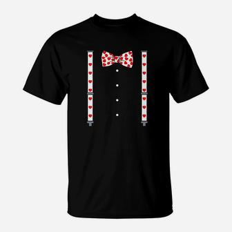 Valentines Day Suspenders And Hearts Bow Tie T-Shirt - Seseable