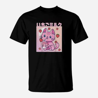 Vaporwave Strawberry Cat 90s Japanese Kawaii Strawberry Milk T-Shirt - Seseable