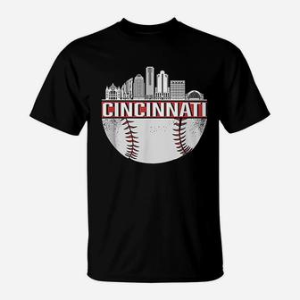 Vintage Cincinnati Baseball Skyline Cityscape Retro Baseball T-Shirt - Seseable