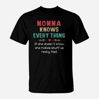 Vintage Momma Knows Everything Quote Black Funny T-Shirt - Seseable