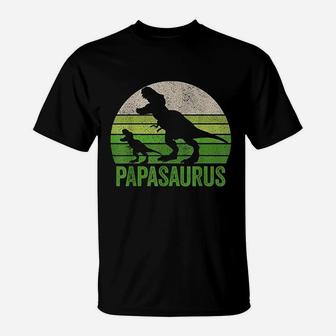 Vintage Papasaurus Dad Apparel Funny Papa Two Dinosaurs T-Shirt - Seseable