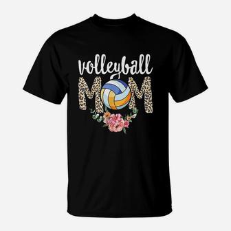 Volleyball Mom Leopard Floral Mothers Day Player Son Leopard T-Shirt - Seseable
