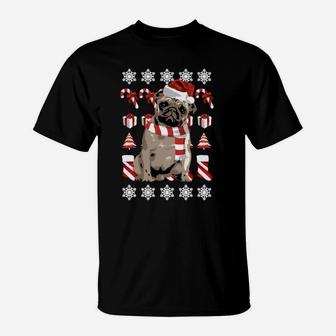 Weihnachtliches Mops-T-Shirt mit Schneeflocken & Zuckerstangen-Motiv - Seseable