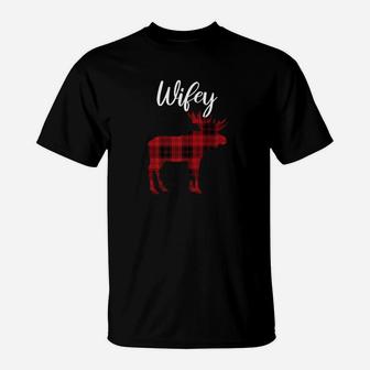 Wifey Plaid Moose Matching Family Christmas Pajamas T-Shirt - Seseable