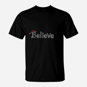 With Believe With Santa Hat For Christmas In Rhinestones T-Shirt - Seseable