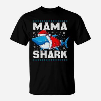 Womens Mama Shark Santa Christmas Family Matching Pajamas T-Shirt - Seseable