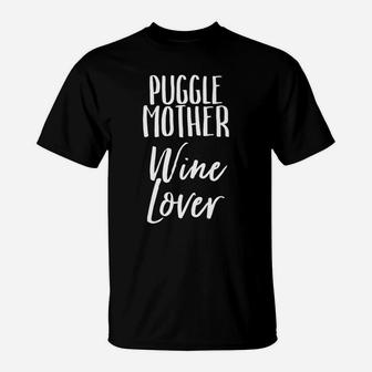 Womens Puggle Mother Wine Lover Dog Pet Owner T-Shirt - Seseable