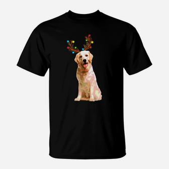 Xmas Funny Golden Retriever With Antlers Christmas T-Shirt - Seseable