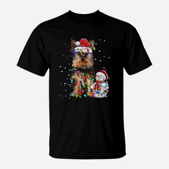 Yorkshire Terrier Christmas Santa Hat Xmas Lights Yorkie Dog T-Shirt - Seseable