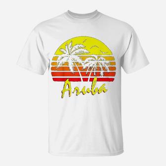 Aruba 80s Tropical Summer Beach Palm Tree Sunset T-Shirt - Seseable