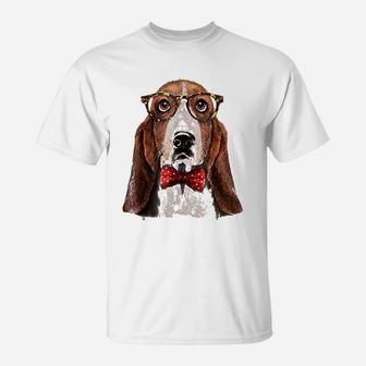 Basset Hound Dog In Classic Eyeglass And Bow Tie T-Shirt - Seseable