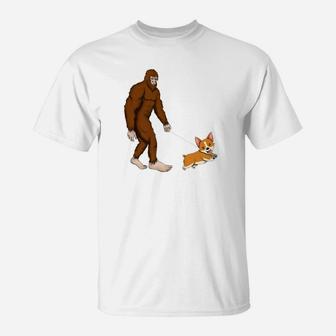 Bigfoot Walking A Dog Corgi Welsh Corgis Gift T-Shirt - Seseable