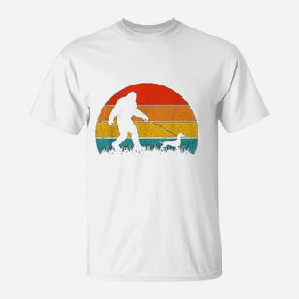 Bigfoot Walking Retro Sunset Off Sasquatch And Dachshund Dog T-Shirt - Seseable