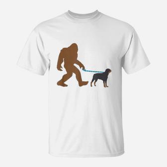 Bigfoot Walking Rottweiler Dog Funny Sasquatch Gift T-Shirt - Seseable
