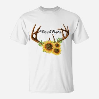 Blessed Mama Blessed Mom Sunflower Antler T-Shirt - Seseable