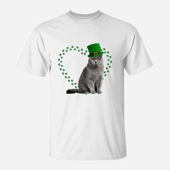 British Shorthair Heart Paw Leprechaun Hat Irish St Patricks Day Gift For Cat Lovers T-Shirt - Seseable