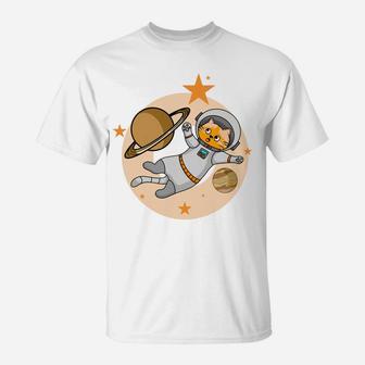 Cat Cartoon Astronaut Flying In Space Pet Gifts T-Shirt - Seseable