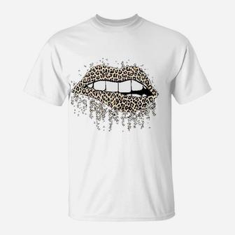 Cool Lips Bite Kiss Me Leopard Print Cheetah Valentines T-Shirt - Seseable