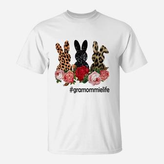 Cute Bunny Flowers Gramommie Life Happy Easter Sunday Floral Leopard Plaid Women Gift T-Shirt - Seseable
