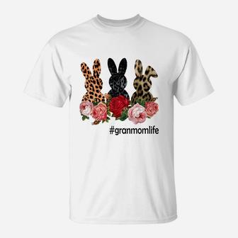 Cute Bunny Flowers Granmom Life Happy Easter Sunday Floral Leopard Plaid Women Gift T-Shirt - Seseable