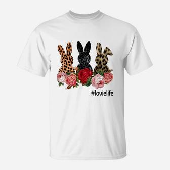 Cute Bunny Flowers Lovie Life Happy Easter Sunday Floral Leopard Plaid Women Gift T-Shirt - Seseable