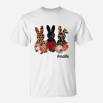 Cute Bunny Flowers Ma Life Happy Easter Sunday Floral Leopard Plaid Women Gift T-Shirt - Seseable